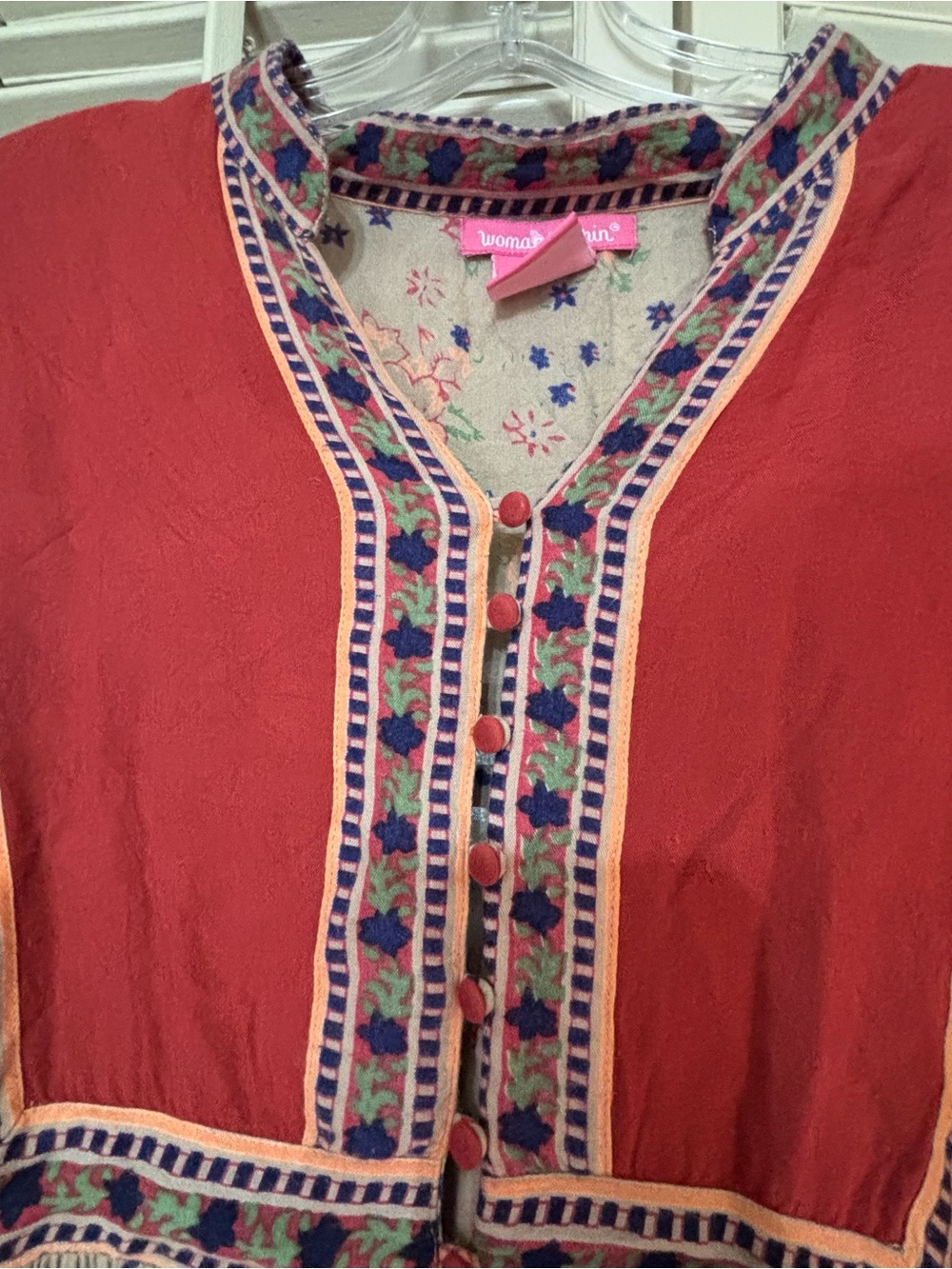 Woman Within orange-red embroidered yoke blouse - Picture 3 of 5